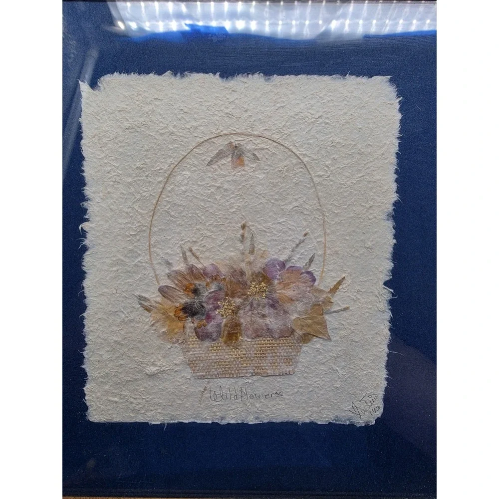 Framed Pressed Dried Flowers in Basket Art!  Wildflower 10.5 x 11 SIGNED